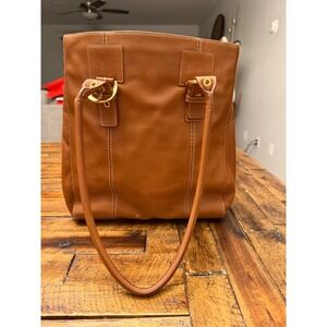 Levenger Brown Leather Tote Bag Shoulder Purse Gold Buckle Detail Cognac
